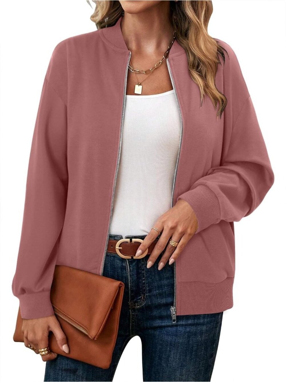 🆕 Women's Pink Bomber Jacket Solid Zip Up Casual Lightweight Outerwear Coat